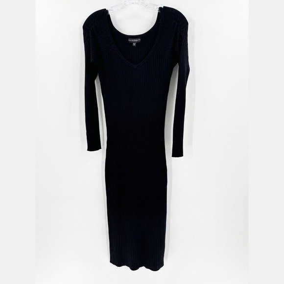 Guess Black V-Neck Long Sleeve Ribbed Knit Bodycon Sweater Dress Size Medium - Picture 1 of 10